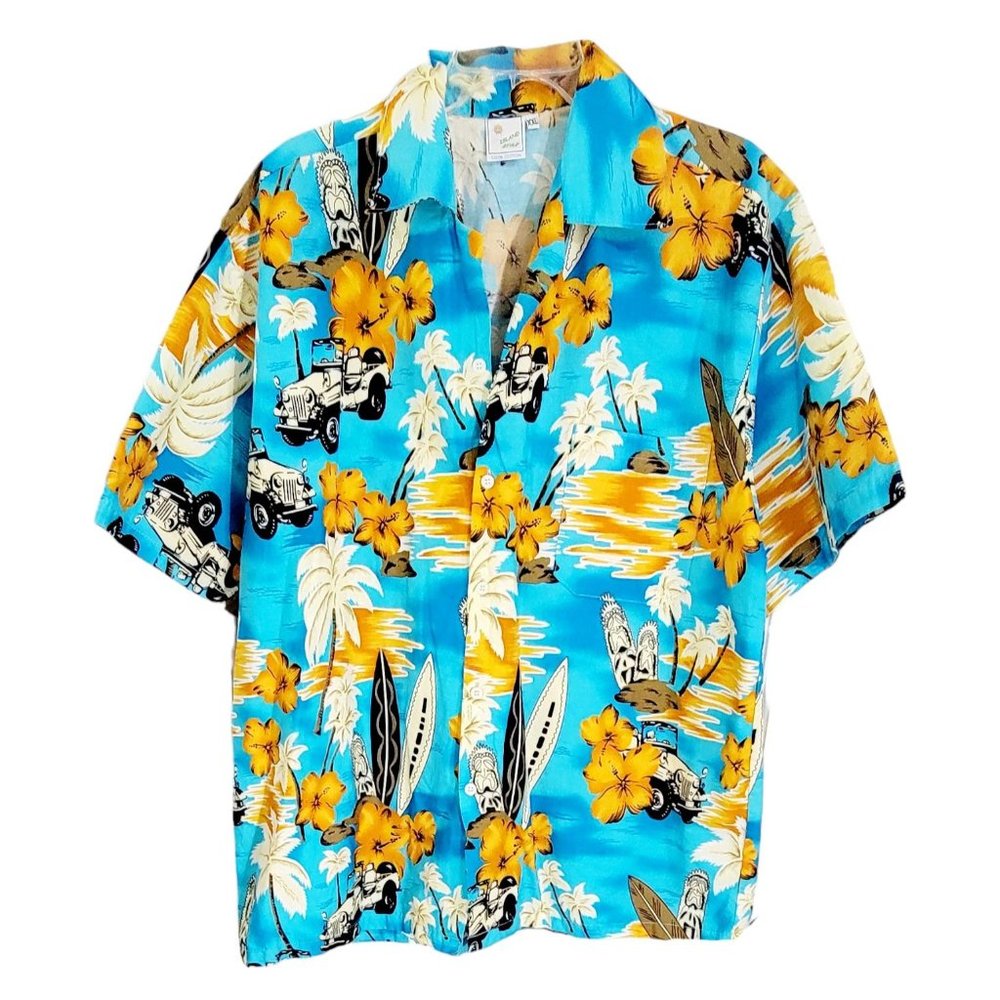 Island Style Men's Blue Floral Button Up Short‎ Sleeve Hawaiian Shirt Size XXL